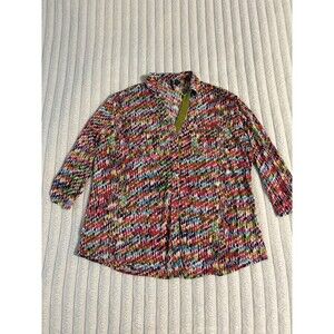 Venini abstract Rhinestone 3/4 button collar roll tab blouse top women XL multi
